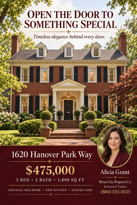 A real estate flyer featuring a large photo of a traditional brick house. The bottom section is burgundy with gold text detailing the price, address, and agent contact information alongside a headshot.