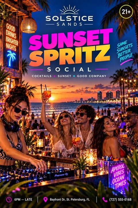 A vibrant flyer for a 'Sunset Spritz Social' at a beach bar, featuring a DJ playing music while a group of young adults enjoy cocktails at sunset. The text is in bold, neon pink and orange colors.