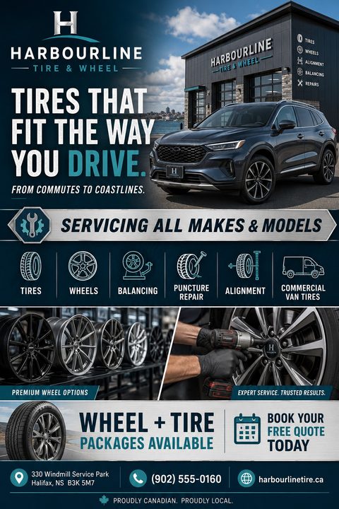 A flyer for a tire and wheel shop with a dark blue background. The top half features a large photo of a dark SUV parked in front of a modern shop building. Below this, a section titled 'Servicing All Makes & Models' displays icons for tires, wheels.