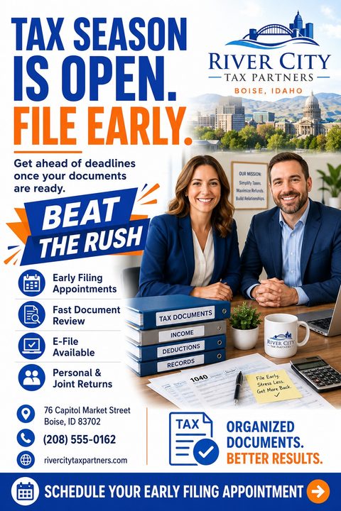 Tax season flyer template with a blue and orange color scheme. Features a photo of two smiling professionals at a desk with tax documents, a city skyline in the background, and a list of services.