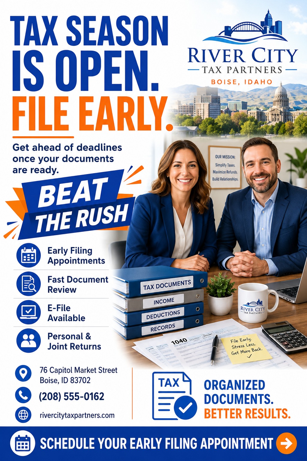 Tax season flyer template with a blue and orange color scheme. Features a photo of two smiling professionals at a desk with tax documents, a city skyline in the background, and a list of services.