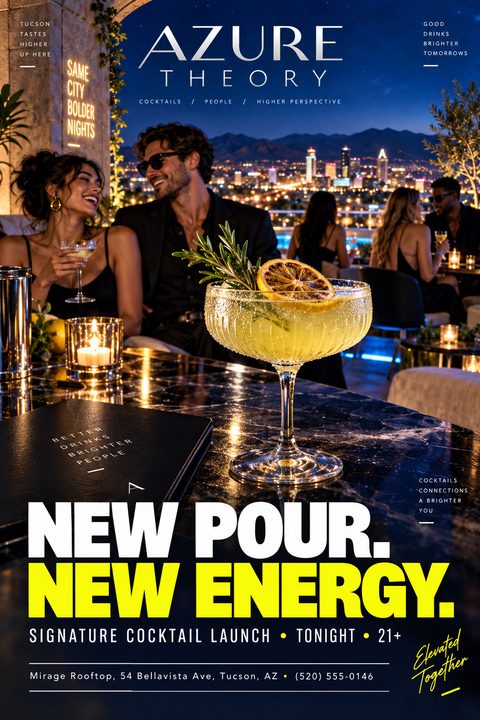 Flyer for a cocktail launch event featuring a close-up of a garnished cocktail on a marble bar, with a couple laughing in the background against a twilight city skyline.