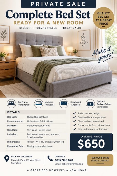Flyer for a private sale of a complete bed set. Features a large photo of a grey upholstered bed with green and white bedding. Includes a detailed specifications table, asking price of $650, and contact information.