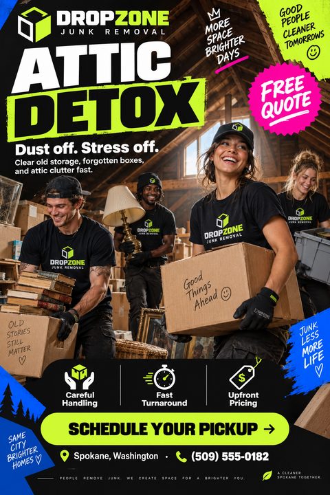 A bold junk removal flyer with neon green and pink accents. A photo shows a smiling team carrying boxes out of a dusty attic. Icons highlight careful handling, fast turnaround, and upfront pricing.