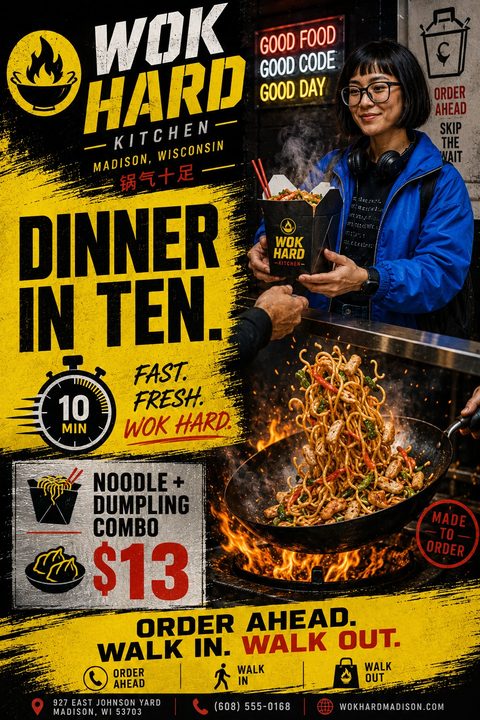A flyer for a takeaway restaurant with a grungy yellow and black design. It features a photo of a woman holding a takeout box and another photo of noodles being tossed in a flaming wok. Text includes 'Dinner in Ten' and a combo deal.
