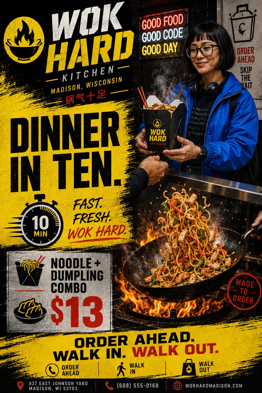 A flyer for a takeaway restaurant with a grungy yellow and black design. It features a photo of a woman holding a takeout box and another photo of noodles being tossed in a flaming wok. Text includes 'Dinner in Ten' and a combo deal.