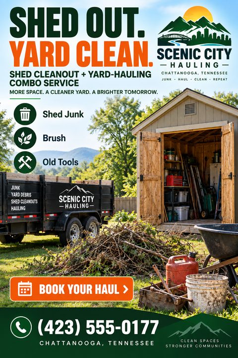 A junk removal flyer featuring a wooden shed, a black utility trailer, and a pile of yard debris. Bold dark green and orange text highlights shed cleanout and yard hauling services.