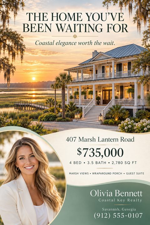 Real estate flyer featuring a large sunset photo of a coastal home with a wraparound porch, curved cream and sage green sections, property details, and an agent headshot.