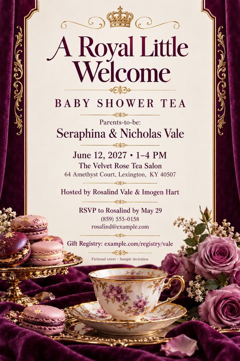 A baby shower invitation with a cream background framed by purple velvet curtains and gold filigree. It features a gold crown at the top and images of macarons, a floral teacup, and purple roses at the bottom.