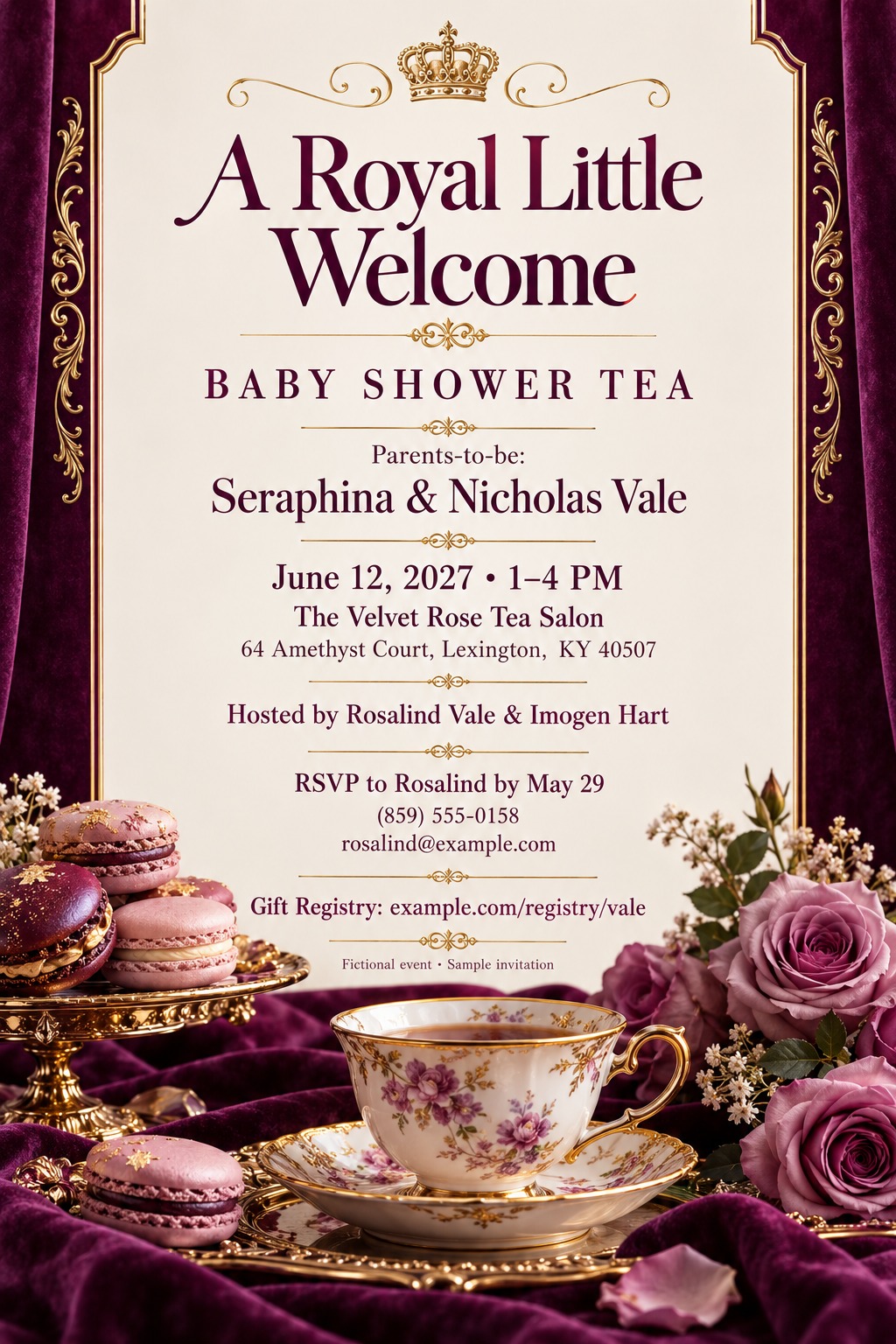 A baby shower invitation with a cream background framed by purple velvet curtains and gold filigree. It features a gold crown at the top and images of macarons, a floral teacup, and purple roses at the bottom.