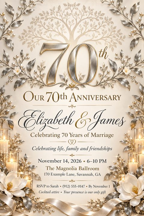 Elegant anniversary invitation flyer with ornate silver and gold floral borders, a large 3D '70th', and text for 'Our 70th Anniversary', names, date, time, location, and RSVP details.