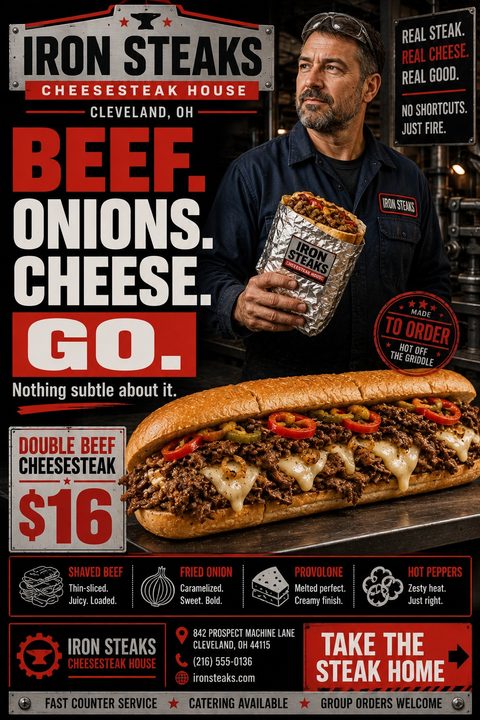 A bold, industrial-themed flyer featuring a rugged man holding a foil-wrapped sandwich, a giant cheesesteak in the foreground, bold red typography, and ingredient icons on a dark metal background.