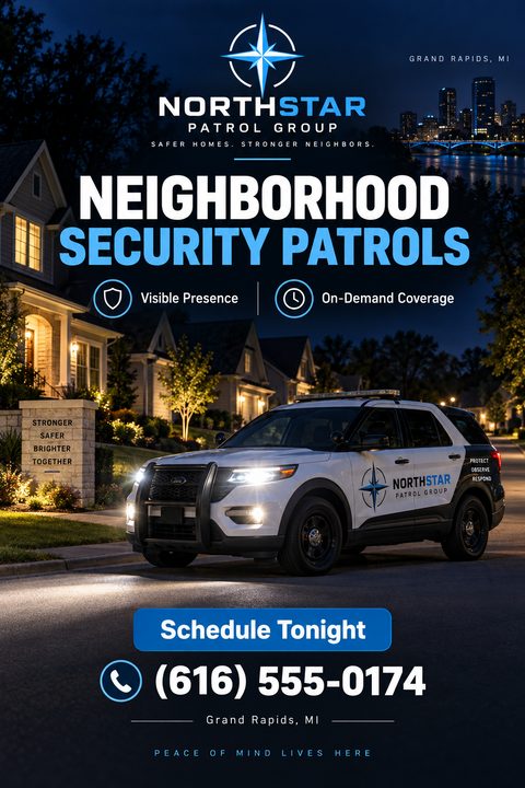 A flyer for neighborhood security patrols featuring a white and black security vehicle parked on a suburban street at night. The text is bold white and light blue against the dark background.