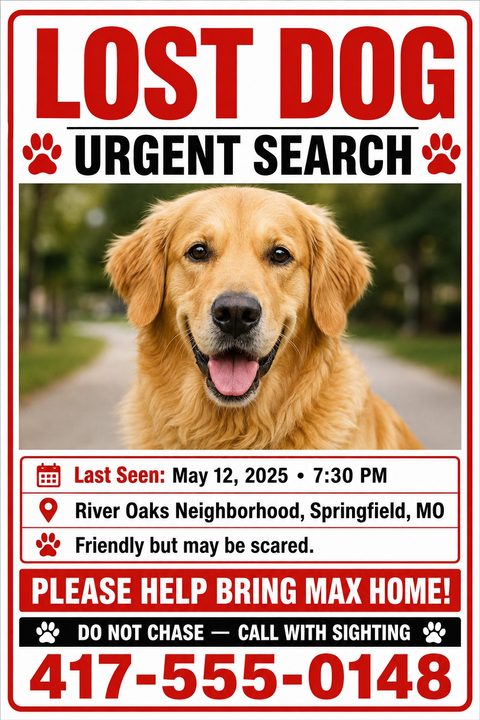 A bold lost dog flyer with a large red heading, a central photo of a Golden Retriever, and clear sections for last seen details and a large phone number.