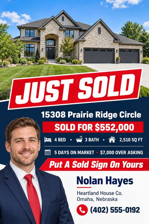 A real estate flyer template with a large photo of a house at the top. Below is a bold red banner reading 'JUST SOLD'. The bottom half features a dark blue background with property details, an agent headshot, and contact information.