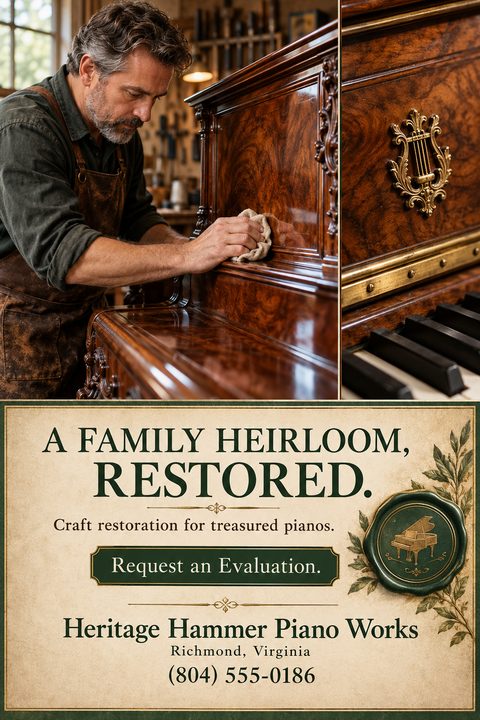 Flyer for piano restoration services featuring a photo of a craftsman polishing an antique wooden piano. The text reads 'A Family Heirloom, Restored. Craft restoration for treasured pianos.' with a wax seal graphic.