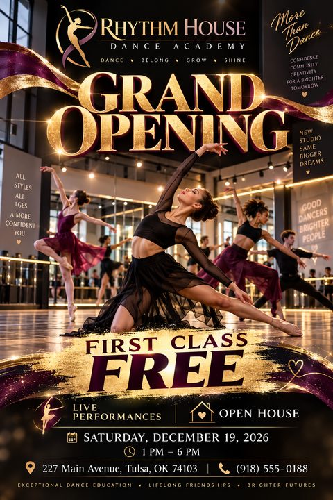 Elegant grand opening flyer for a dance academy featuring gold foil text, flowing purple ribbons, and a dramatic photo of dancers posing in a mirrored studio.