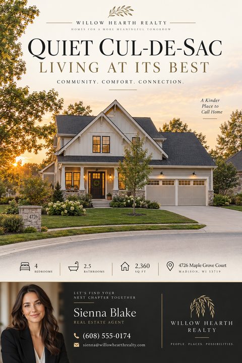 Elegant real estate flyer featuring a large photo of a suburban home. The top has a cream background with elegant typography, while the bottom features a dark grey agent profile section with gold accents.