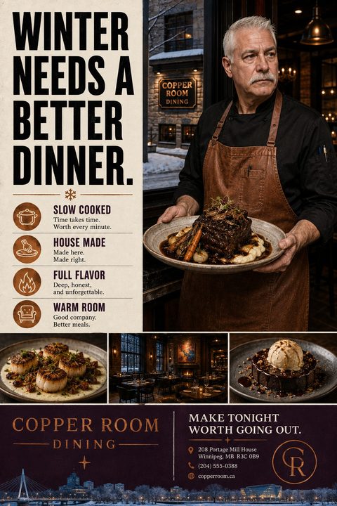 A rustic restaurant flyer featuring a chef holding a braised meat dish. The layout includes a large headline, four icon-based selling points, three smaller photos of food and the interior, and contact details.