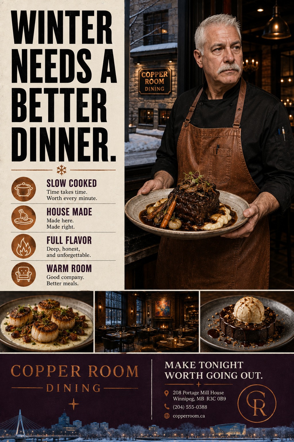 A rustic restaurant flyer featuring a chef holding a braised meat dish. The layout includes a large headline, four icon-based selling points, three smaller photos of food and the interior, and contact details.
