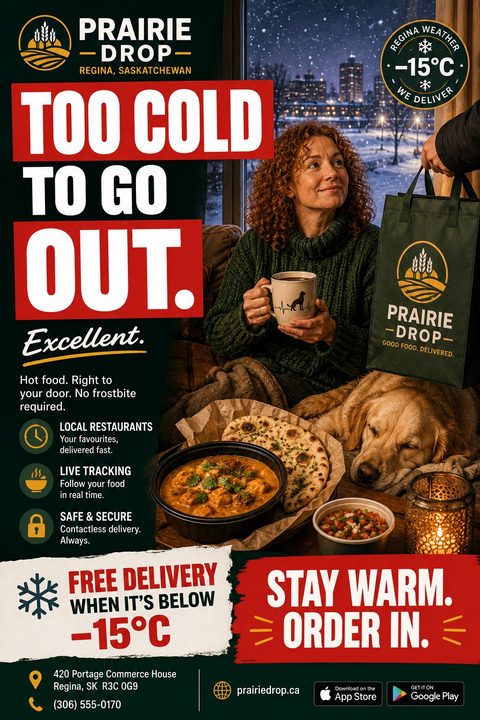 A cozy winter scene showing a woman indoors receiving a food delivery bag. Bold text reads 'Too cold to go out. Excellent.' with details for local restaurant delivery and a free delivery offer.
