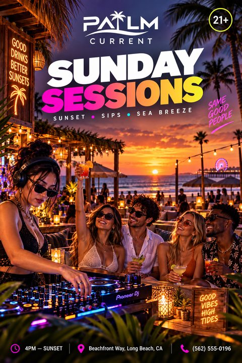 Flyer for Palm Current Sunday Sessions featuring a DJ playing music for a crowd at a beachfront bar during sunset.