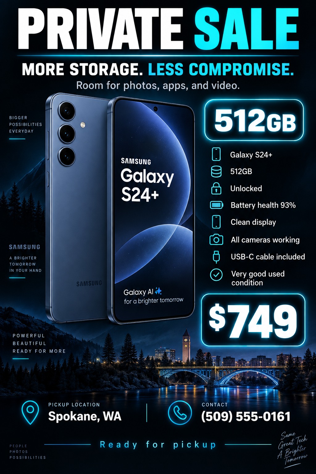 A flyer for a private sale of a smartphone. It features a dark background with a nighttime cityscape, neon blue text and borders, a large image of a blue smartphone, and a list of specifications.