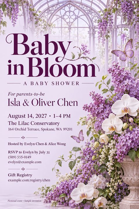 A baby shower invitation flyer with a purple and white floral design, featuring a large bouquet of lilacs and orchids in a stone vase, set against a backdrop of a glass conservatory with hanging wisteria and butterflies.