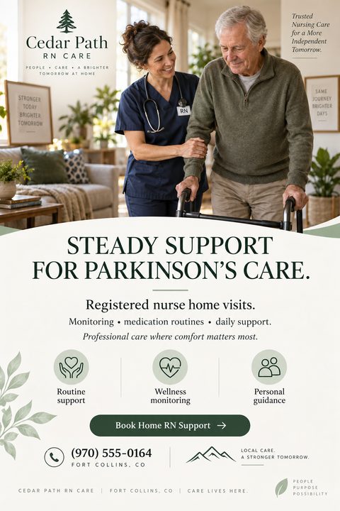 Flyer for home nursing care services featuring a photo of a nurse helping an elderly man with a walker. Text reads 'Steady Support for Parkinson's Care' and lists services like routine support and wellness monitoring.