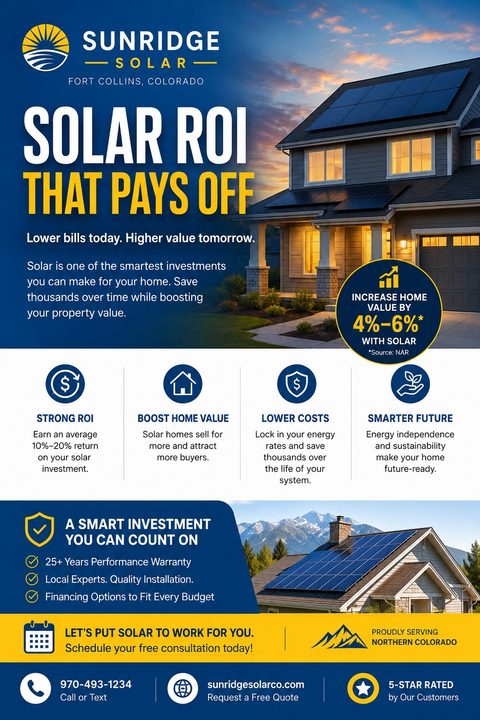 Professional navy blue and yellow solar installation flyer featuring a house with solar panels at dusk, four benefit icons, a secondary mountain home photo, and a yellow consultation call-to-action banner.