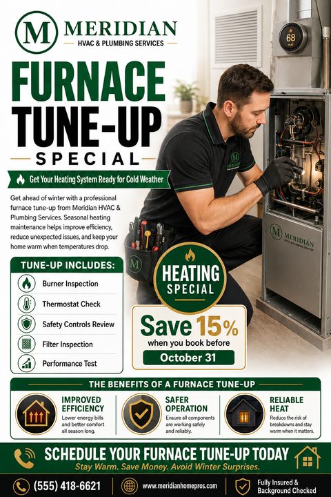 A professional flyer for a furnace tune-up special featuring a technician inspecting a furnace, with a green and gold color scheme, a list of included services, and a 15% discount offer.