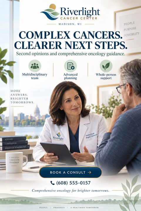 A medical flyer for Riverlight Cancer Center in Madison, WI. The headline reads 'Complex Cancers. Clearer Next Steps.' A photo shows a female doctor in a white coat consulting with a male patient. Icons highlight 'Multidisciplinary team', 'Advanced.