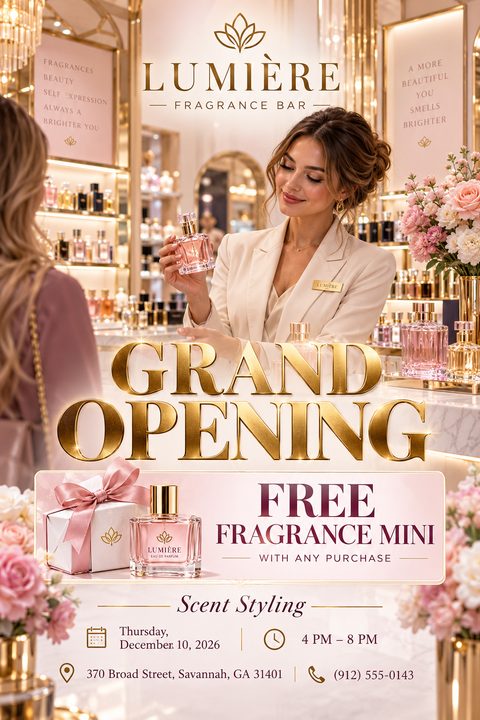 A luxurious grand opening flyer for a fragrance bar featuring a woman holding perfume in an elegant, gold-accented store. Large 3D gold text reads Grand Opening above a promotional offer.