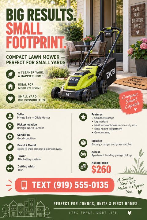 A flyer template for selling a lawn mower. It features a large photo of a green mower on a patio, followed by a structured list of specifications with icons, a bold price, and contact details.