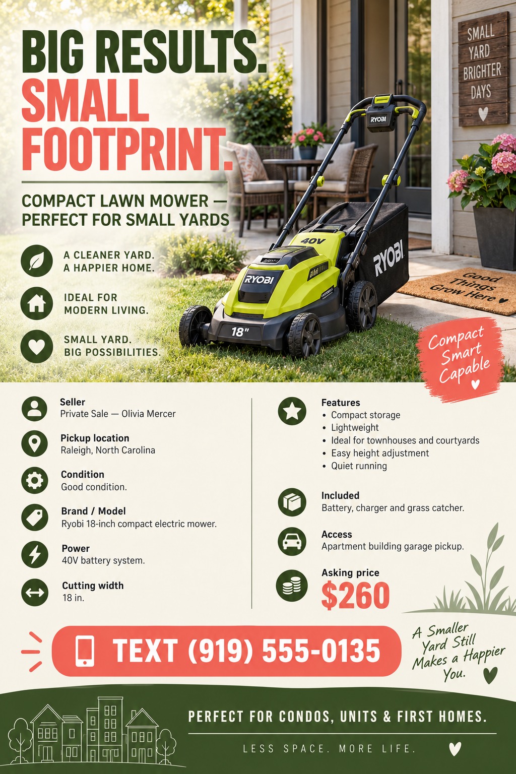 A flyer template for selling a lawn mower. It features a large photo of a green mower on a patio, followed by a structured list of specifications with icons, a bold price, and contact details.