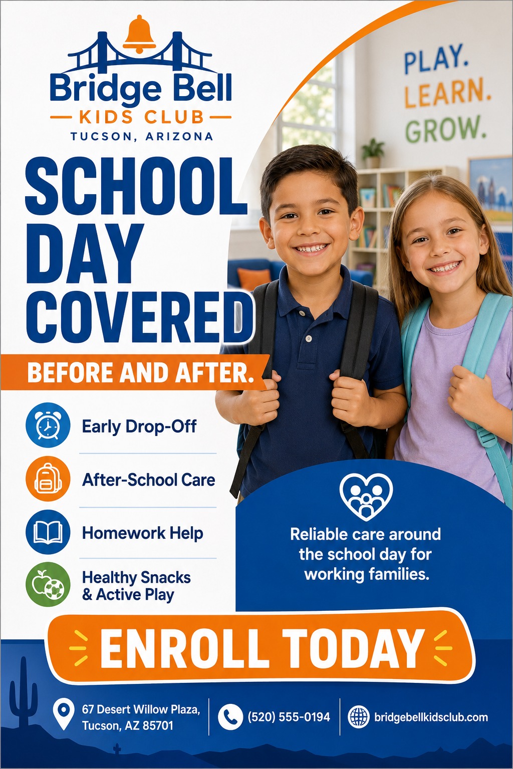 Flyer for Bridge Bell Kids Club offering before and after school care. Features a photo of two smiling children with backpacks. Text reads 'School Day Covered Before and After' with icons for early drop-off, after-school care, homework help, and.