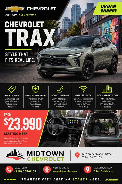 A modern car dealership flyer featuring a large SUV parked in a city, feature icons, interior and trunk photos, a bold red pricing block, and neon green accents on a dark background.