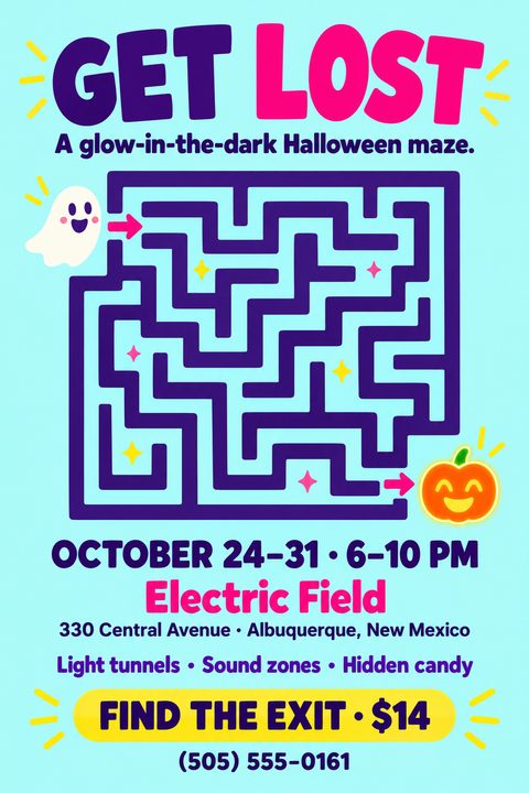 Light blue Halloween flyer featuring a purple maze graphic with a cute ghost entering and a glowing pumpkin exiting. Bold neon pink and purple text promotes a glow-in-the-dark maze event.