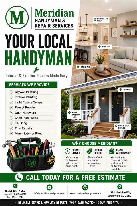 Handyman services flyer template with a green and white color scheme. Includes photos of a modern kitchen and a house exterior with callouts highlighting specific repairs, a list of services, and a tool bag graphic.