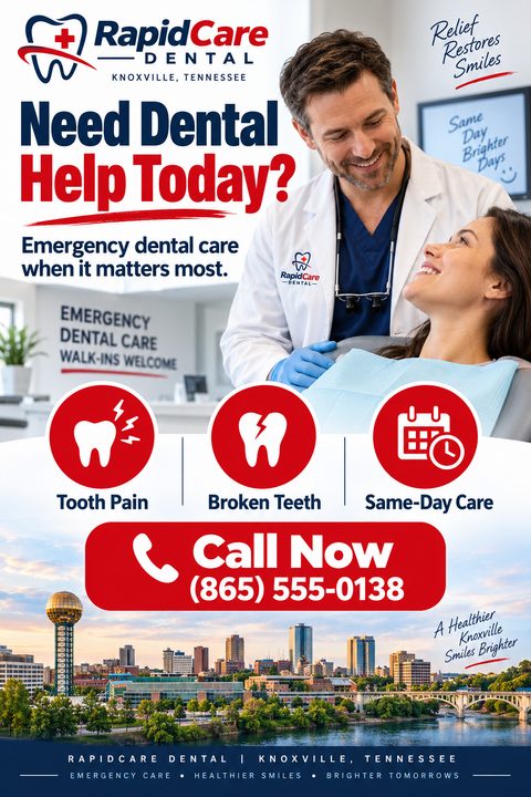 A dental clinic flyer featuring a smiling dentist and patient above three red icons for tooth pain, broken teeth, and same-day care. A large red call button sits over a city skyline photo.