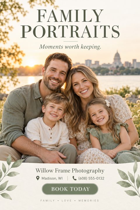 A flyer for family portraits featuring a large photo of a smiling family of four sitting outdoors at sunset. The text reads 'Family Portraits. Moments worth keeping.' with botanical leaf illustrations at the bottom and contact information.
