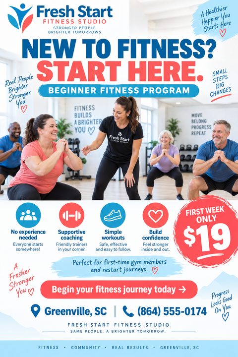 A flyer for Fresh Start Fitness Studio promoting a beginner fitness program. It features a photo of a diverse group of people doing squats with a trainer, along with icons highlighting program benefits and a special offer.