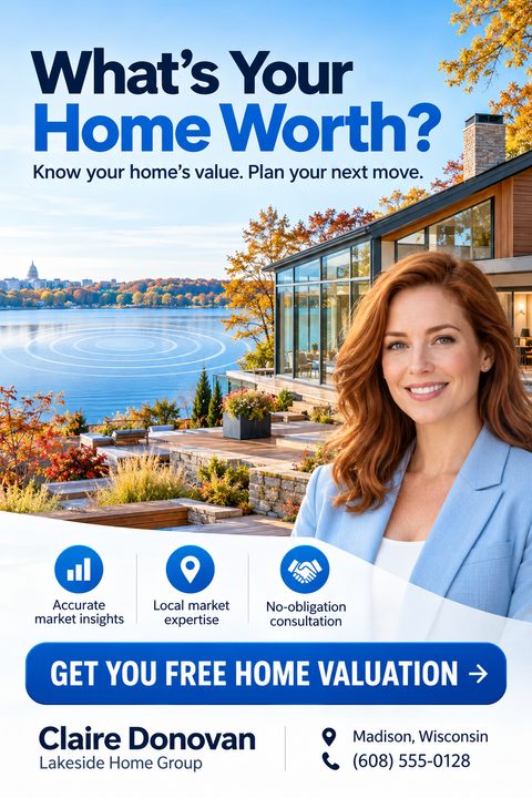 A real estate flyer offering a free home valuation. It features a smiling female agent in a blue blazer, a scenic lakeside home background, and three icons highlighting market insights, local expertise, and consultation.
