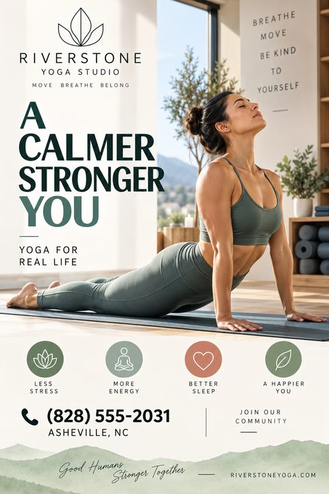 Yoga studio flyer template featuring a woman in an upward-facing dog pose in a bright studio. Text reads 'A Calmer Stronger You' with icons for less stress, more energy, better sleep, and a happier you.