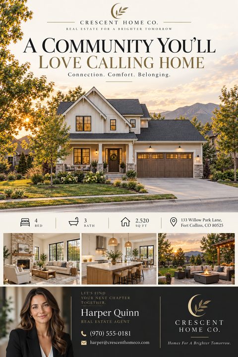 Real estate flyer template featuring a large photo of a two-story house at sunset, three smaller photos showing a living room, kitchen, and outdoor patio, property details, and agent contact information.