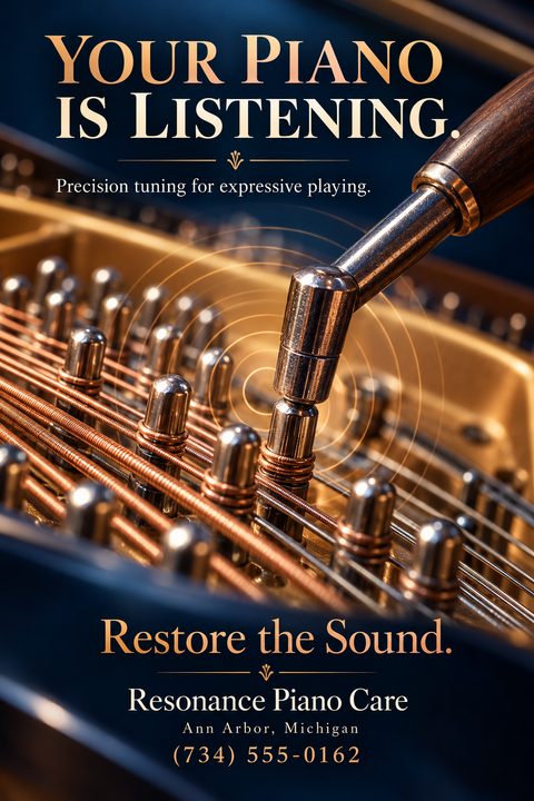 A flyer for piano tuning services featuring a close-up photograph of a tuning hammer adjusting the pins and strings inside a grand piano. The text reads 'Your Piano is Listening. Precision tuning for expressive playing. Restore the Sound.'