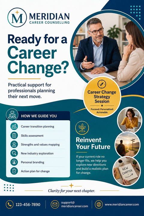 A career counseling flyer template with a teal and white background, gold accents, and circular photo placeholders. The headline reads 'Ready for a Career Change?' with a list of services like 'Career transition planning' and 'Skills assessment'.