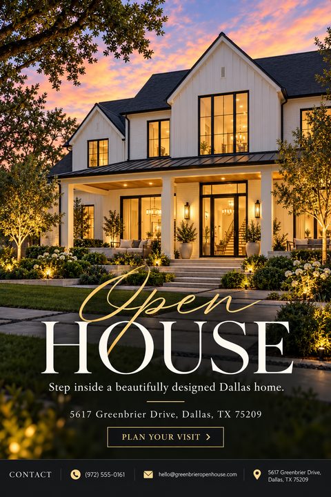 Open house flyer featuring a large twilight photo of a modern farmhouse with glowing lights. The text reads 'Open House' in elegant script and serif fonts, with property details and contact information below.