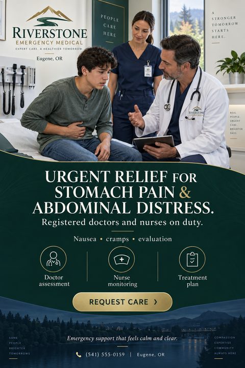 Urgent care clinic flyer template with a photo of a doctor and nurse consulting a patient with stomach pain. Text reads 'Urgent Relief for Stomach Pain & Abdominal Distress' with icons for doctor assessment, nurse monitoring, and treatment plan.