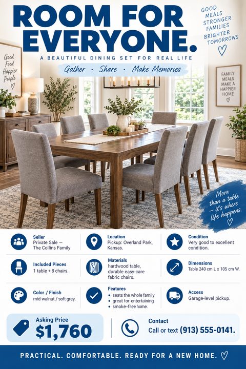 Flyer for a dining set sale. Large photo of a wooden table with eight grey chairs in a bright room. Below, a grid of icons details seller, location, condition, pieces, materials, dimensions, color, features, and access. Asking price $1,760 and.